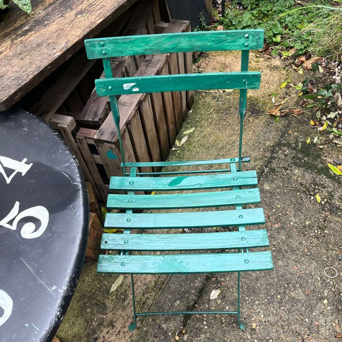 Vintage Pair Green Folding Garden Chairs Slatted Seat And Back