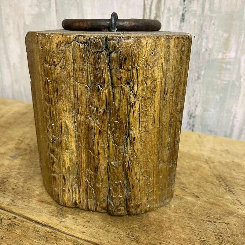 Carved Octagonal Wooden Door Stop Rusted Bull Ring Handle