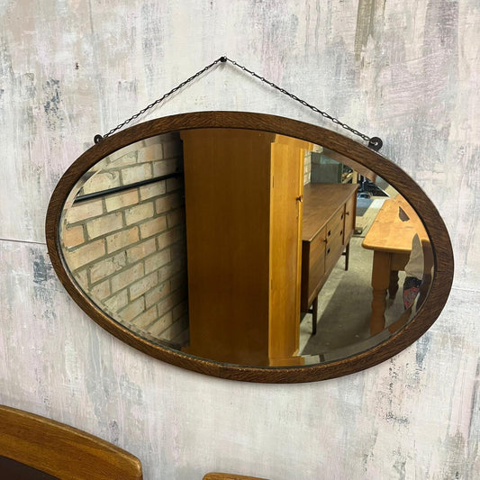 Vintage Oval Oak Bevel Edge Mirror On Chains 1950s