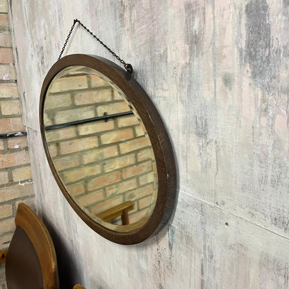 Vintage Oval Oak Bevel Edge Mirror On Chains 1950s