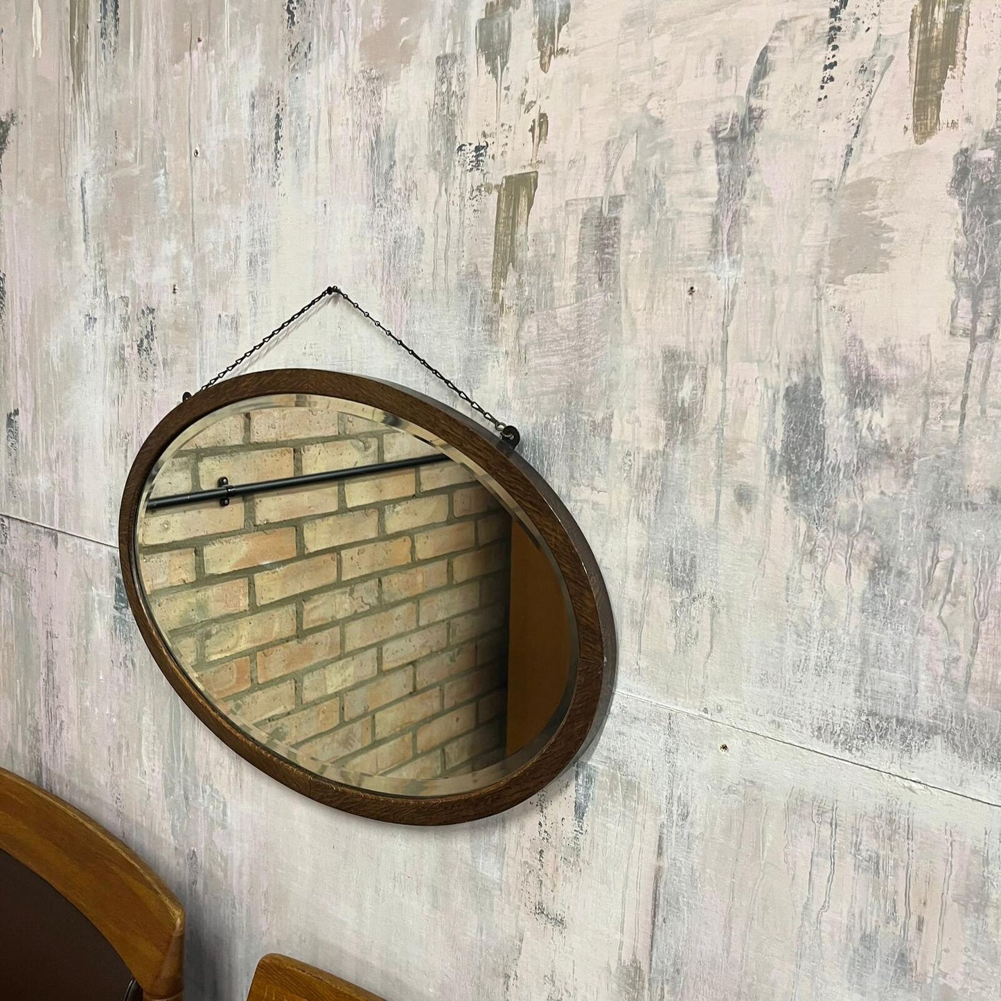 Vintage Oval Oak Bevel Edge Mirror On Chains 1950s