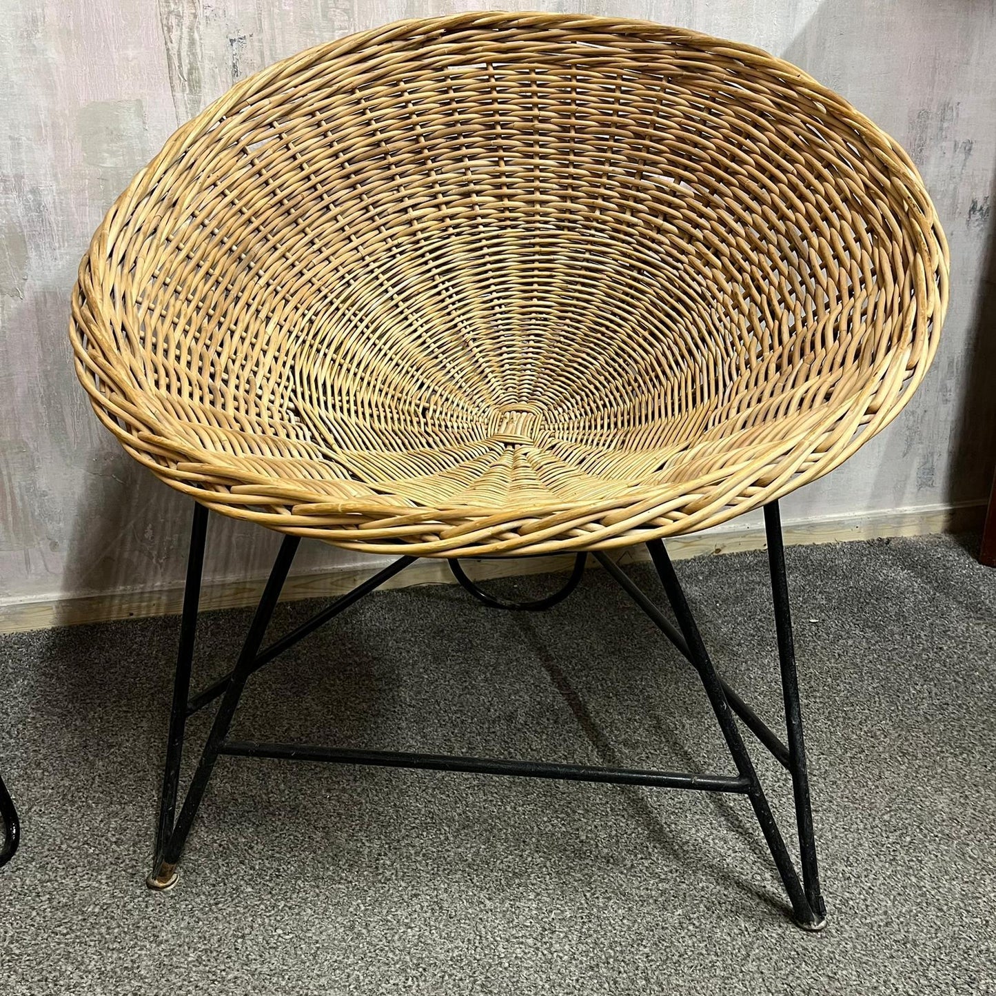 Near Pair MCM Bamboo Tub Chairs Black Metalwork Frames Style Of Roberto Mango