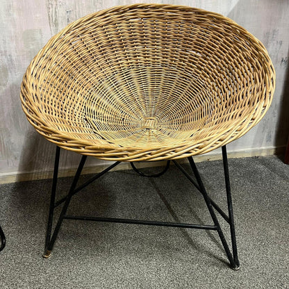 Near Pair MCM Bamboo Tub Chairs Black Metalwork Frames Style Of Roberto Mango
