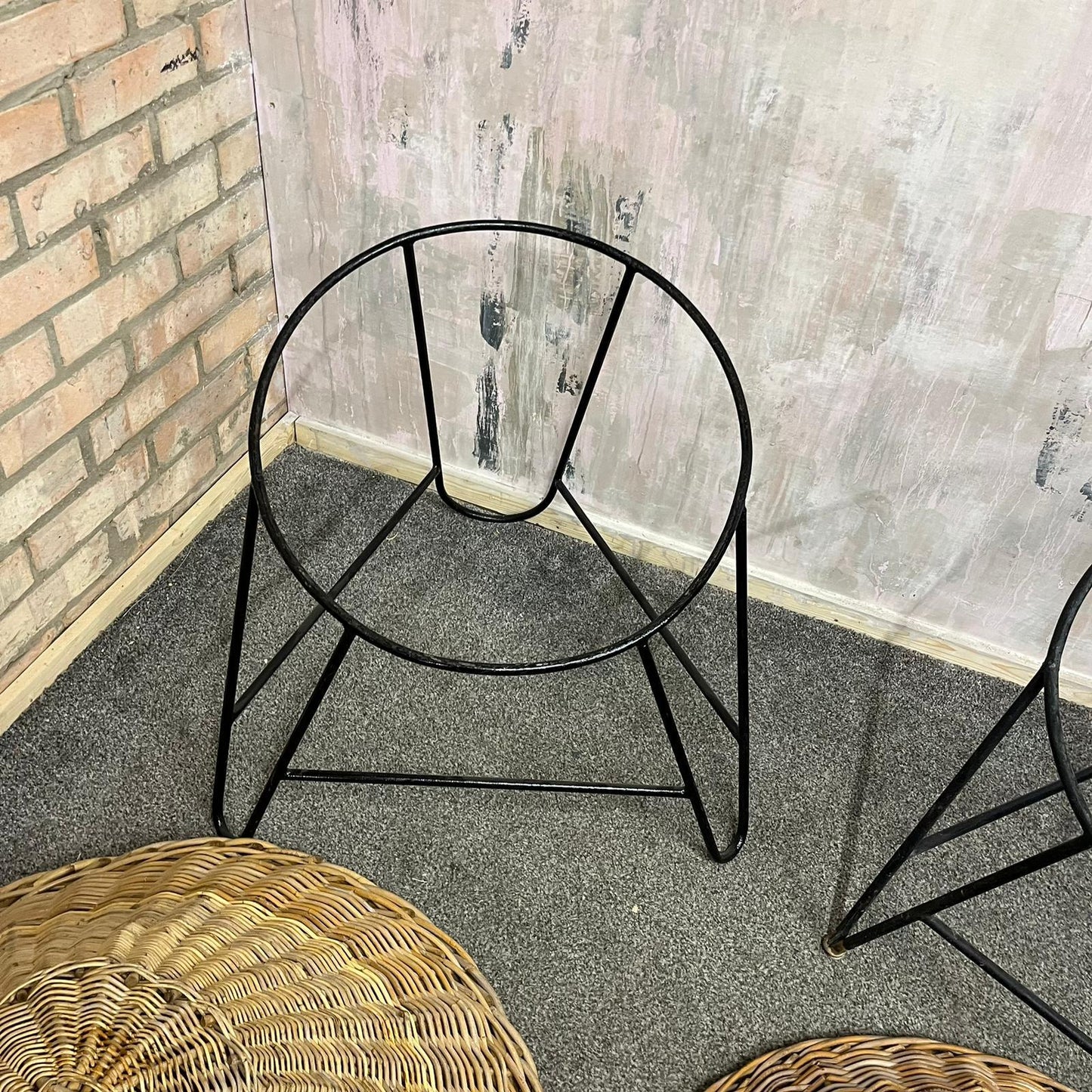 Near Pair MCM Bamboo Tub Chairs Black Metalwork Frames Style Of Roberto Mango