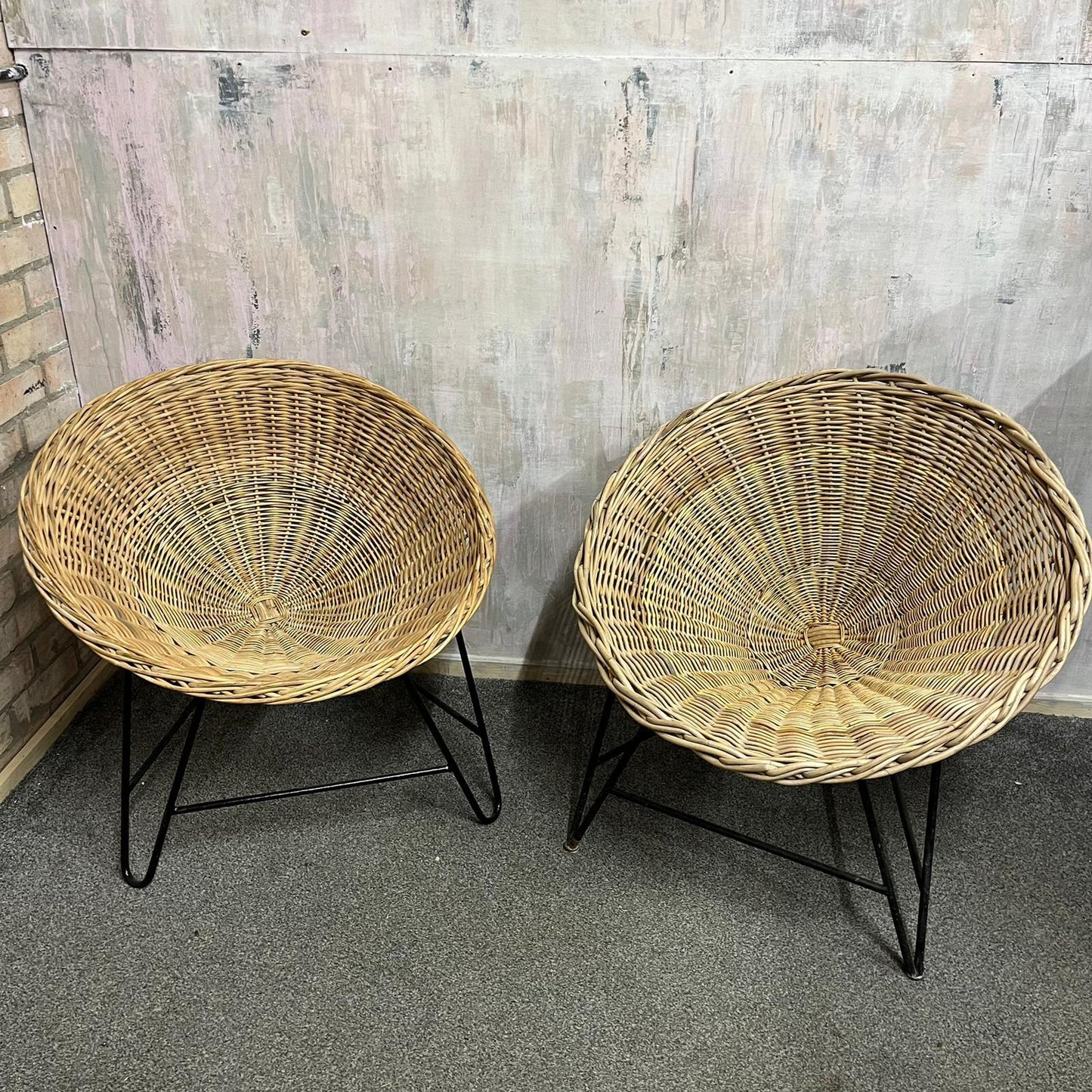 Near Pair MCM Bamboo Tub Chairs Black Metalwork Frames Style Of Roberto Mango