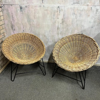 Near Pair MCM Bamboo Tub Chairs Black Metalwork Frames Style Of Roberto Mango