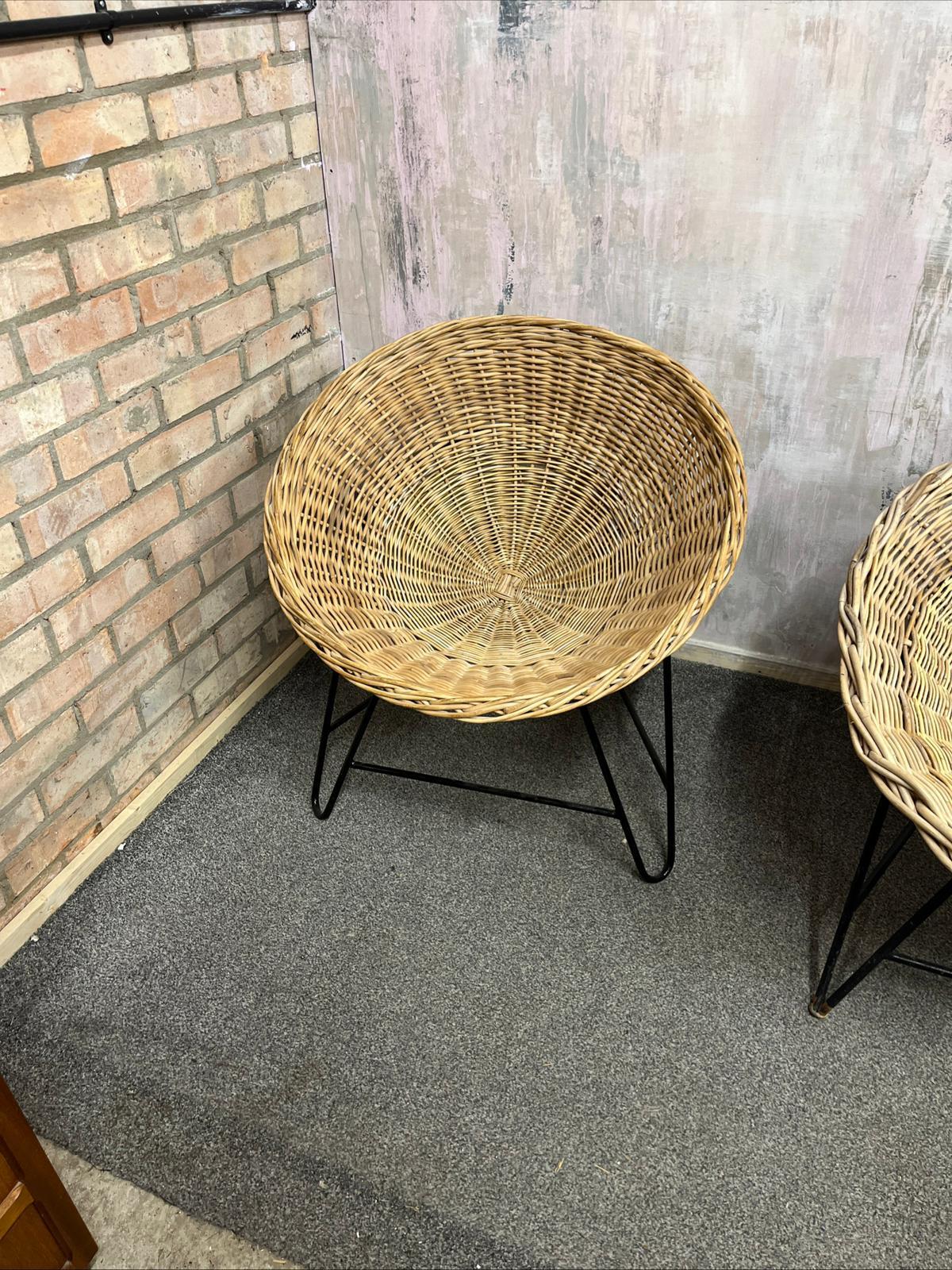 Near Pair MCM Bamboo Tub Chairs Black Metalwork Frames Style Of Roberto Mango