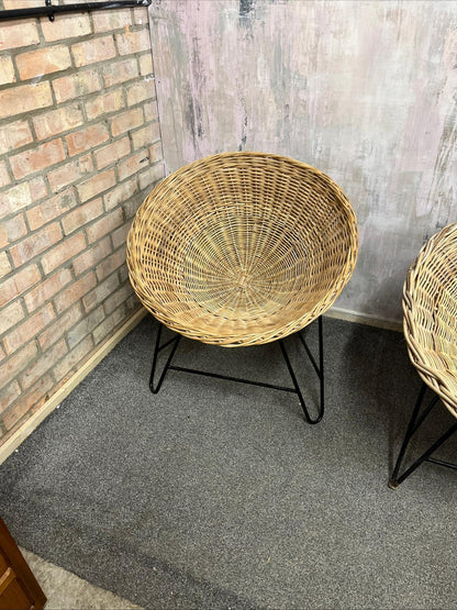 Near Pair MCM Bamboo Tub Chairs Black Metalwork Frames Style Of Roberto Mango