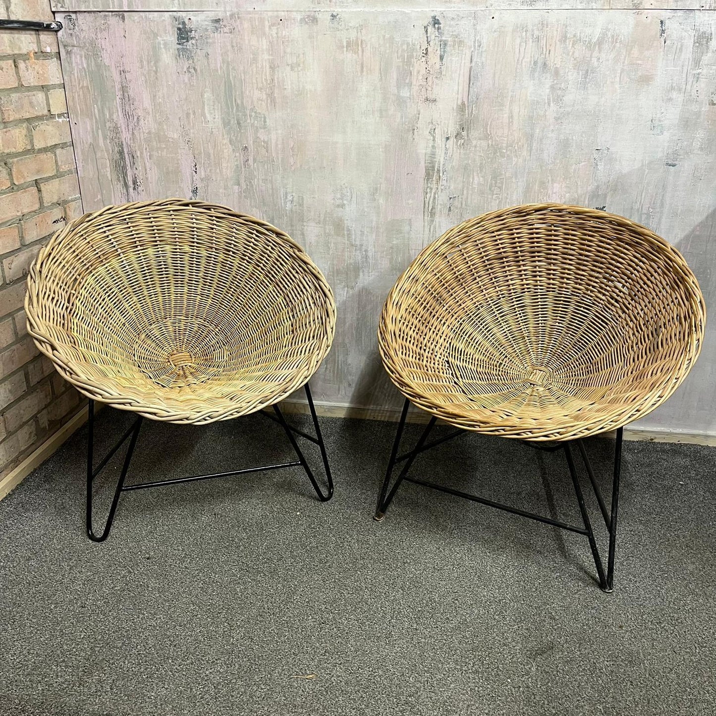 Near Pair MCM Bamboo Tub Chairs Black Metalwork Frames Style Of Roberto Mango