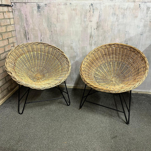 Near Pair MCM Bamboo Tub Chairs Black Metalwork Frames Style Of Roberto Mango