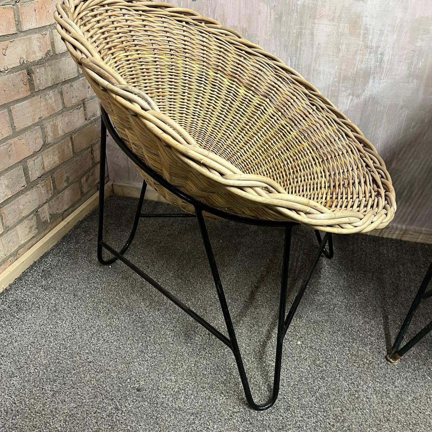 Near Pair MCM Bamboo Tub Chairs Black Metalwork Frames Style Of Roberto Mango