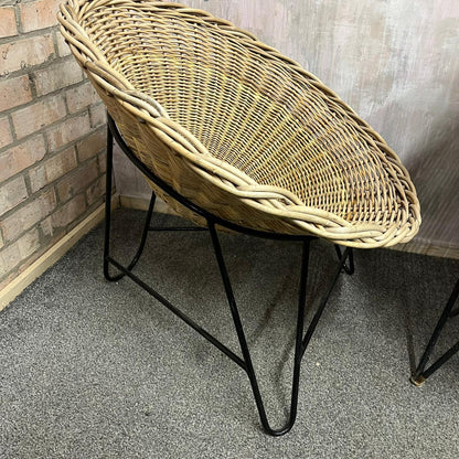 Near Pair MCM Bamboo Tub Chairs Black Metalwork Frames Style Of Roberto Mango