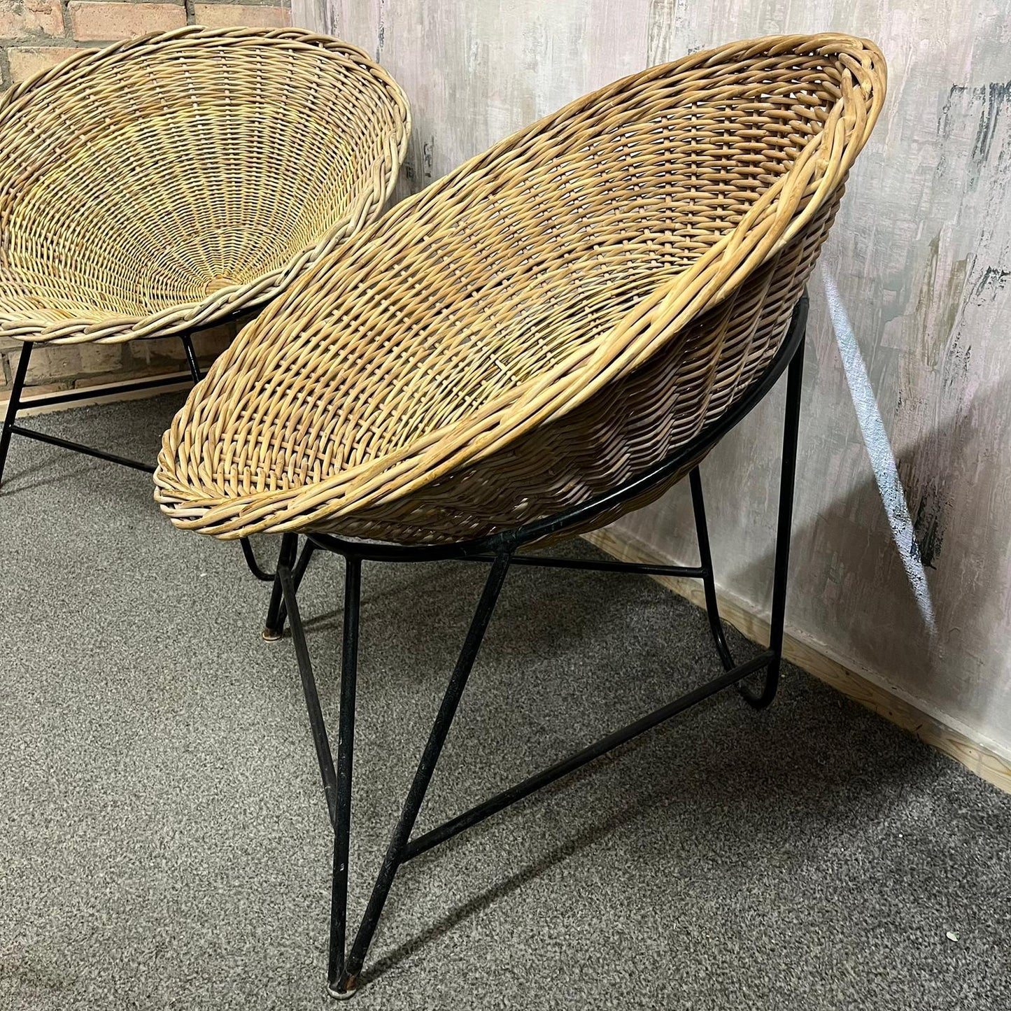 Near Pair MCM Bamboo Tub Chairs Black Metalwork Frames Style Of Roberto Mango