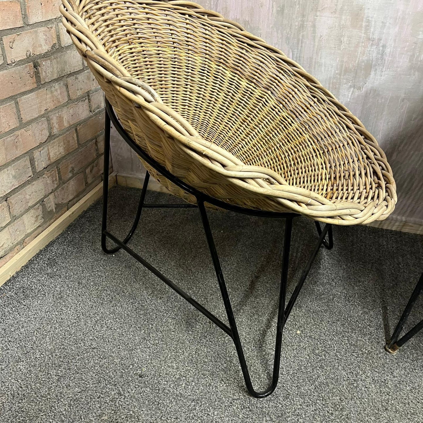 Near Pair MCM Bamboo Tub Chairs Black Metalwork Frames Style Of Roberto Mango