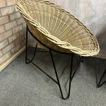 Near Pair MCM Bamboo Tub Chairs Black Metalwork Frames Style Of Roberto Mango