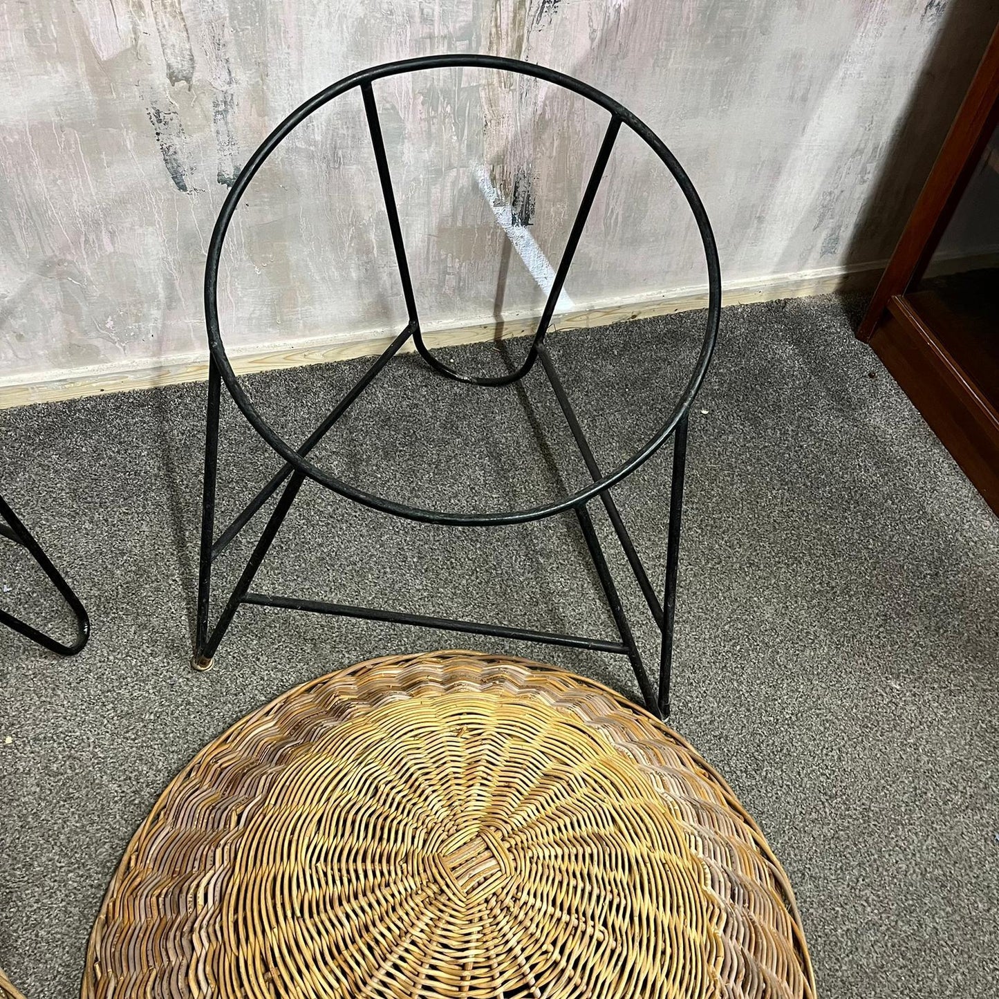 Near Pair MCM Bamboo Tub Chairs Black Metalwork Frames Style Of Roberto Mango