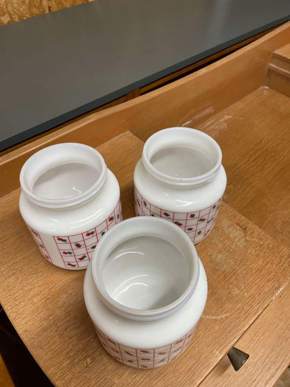 3x Vintage Arcopal Retro Geometric Milk Glass Storage Jars Red Lids