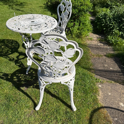 3 Piece Cast Aluminium White Bistro Set Table 2 Chairs Great Patina Rose Design