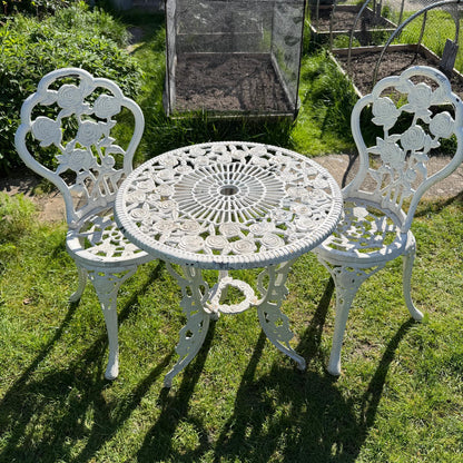 3 Piece Cast Aluminium White Bistro Set Table 2 Chairs Great Patina Rose Design