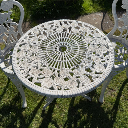 3 Piece Cast Aluminium White Bistro Set Table 2 Chairs Great Patina Rose Design