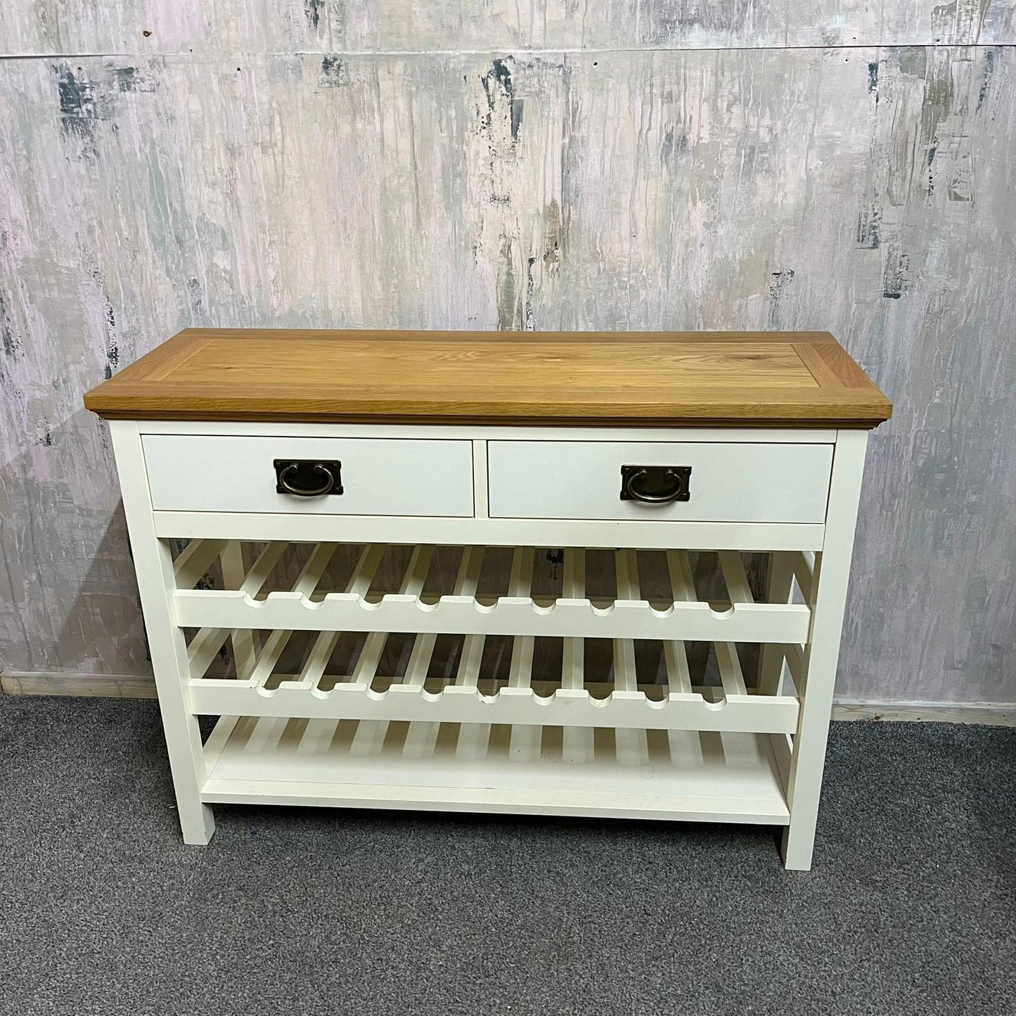 Solid Wood Console Table With Wine Rack Shelf & 2 Drawers Brass Effect Handles