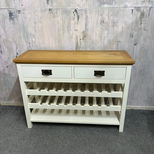 Solid Wood Console Table With Wine Rack Shelf & 2 Drawers Brass Effect Handles