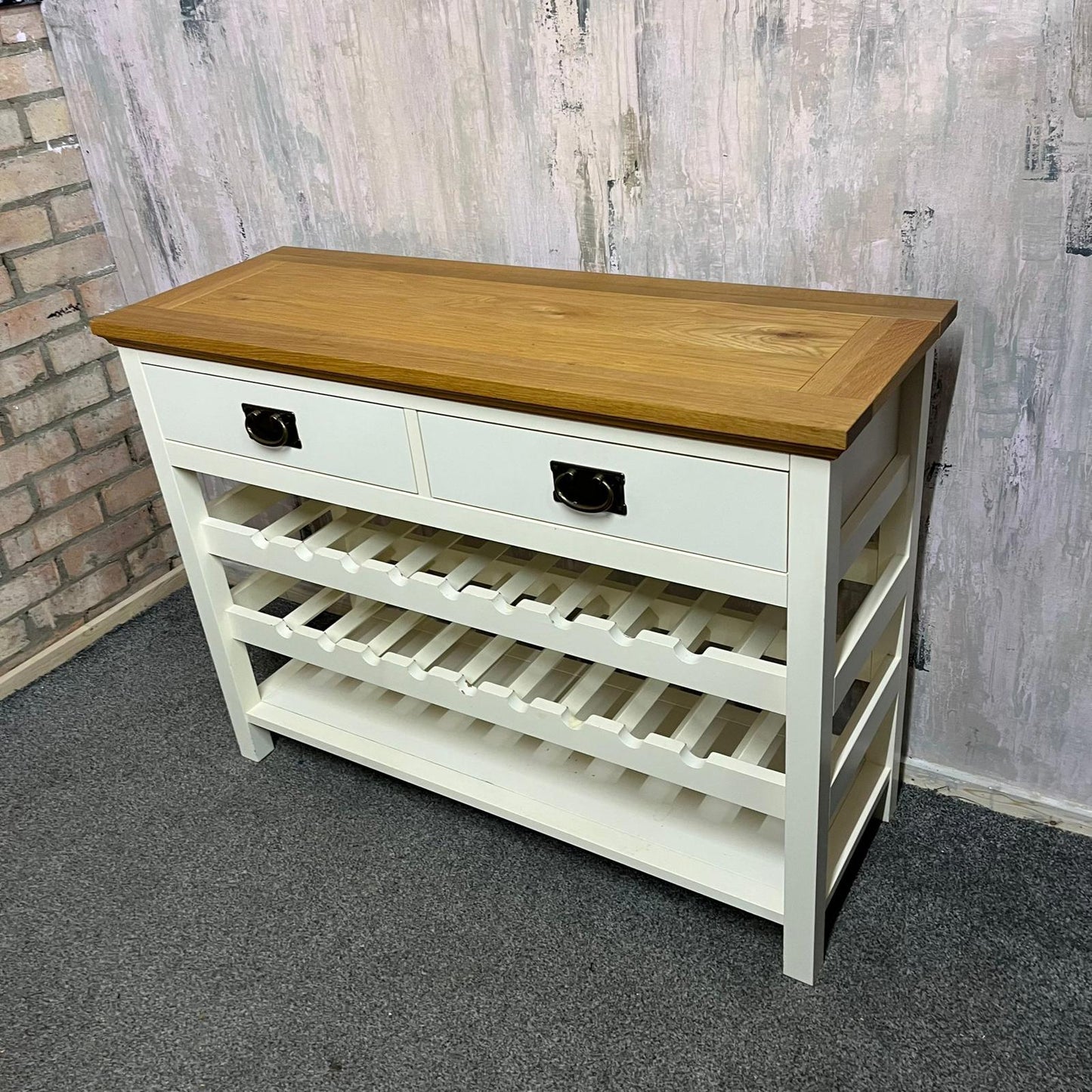 Solid Wood Console Table With Wine Rack Shelf & 2 Drawers Brass Effect Handles