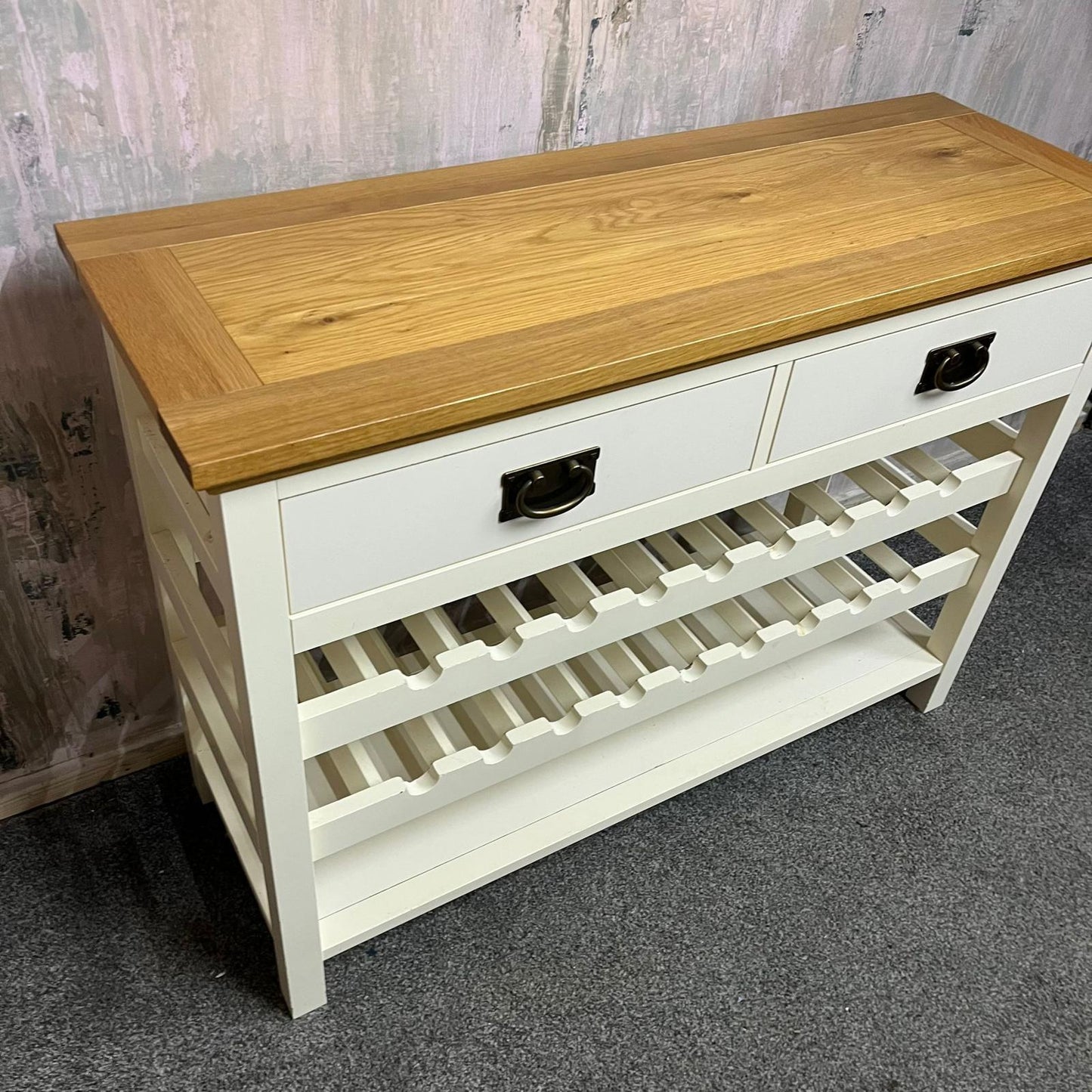 Solid Wood Console Table With Wine Rack Shelf & 2 Drawers Brass Effect Handles