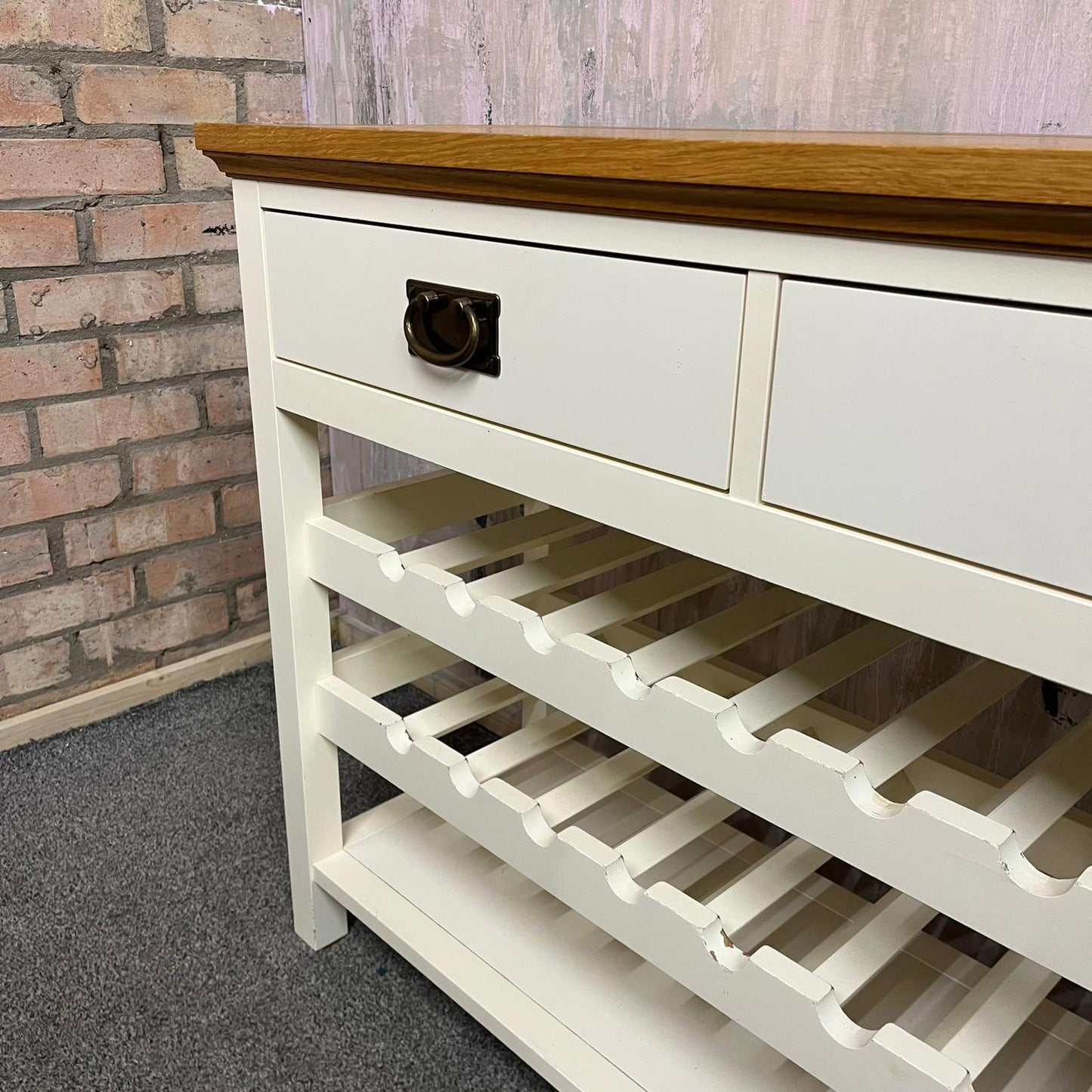 Solid Wood Console Table With Wine Rack Shelf & 2 Drawers Brass Effect Handles