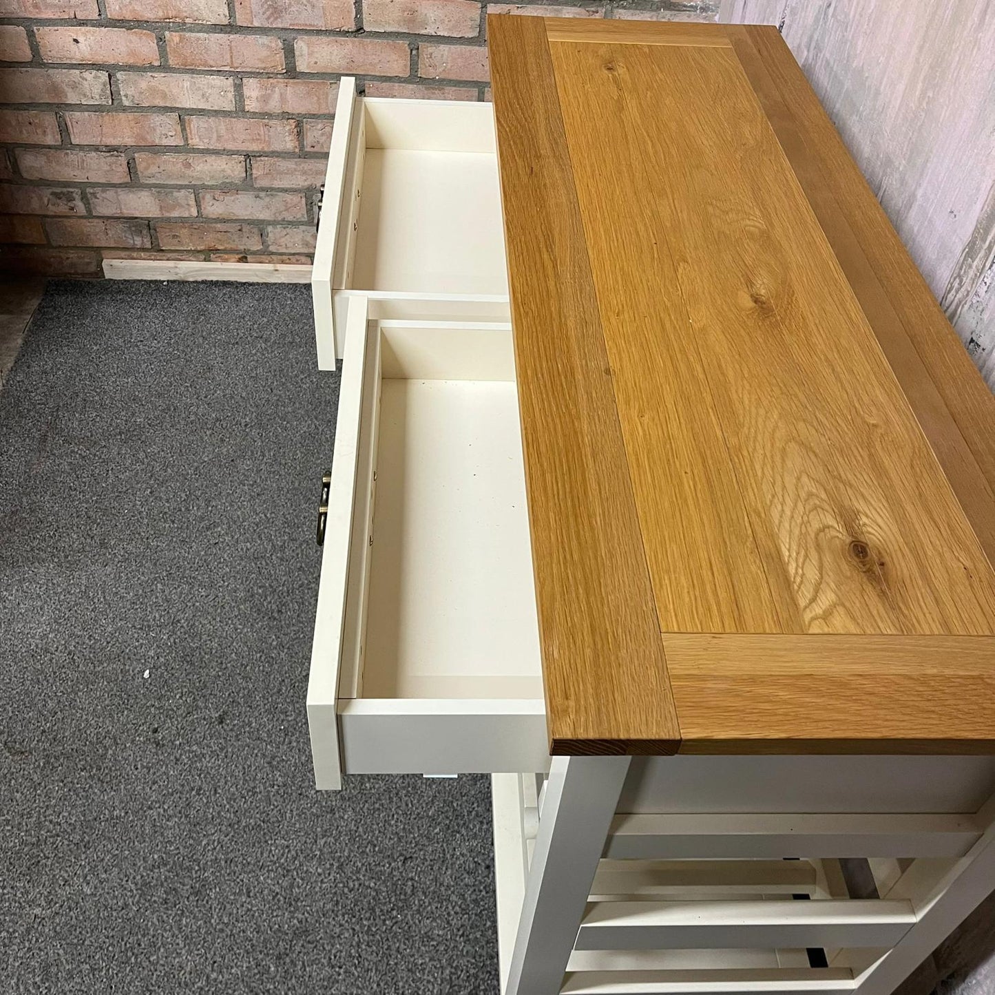 Solid Wood Console Table With Wine Rack Shelf & 2 Drawers Brass Effect Handles