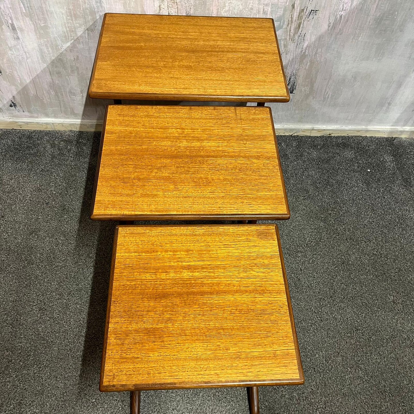 Mid Century Set Of 3 1960s/70s Teak Crossbanded Nest Of Tables Danish Style