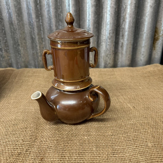 Vintage 1960s Pillivuyt French Drip Coffee Pot Glazed Brown Lustre Side Spout
