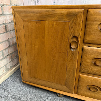 Vintage MCM Ercol Elm Windsor Sideboard 1960s 2 Cupboards Drawers on Castors