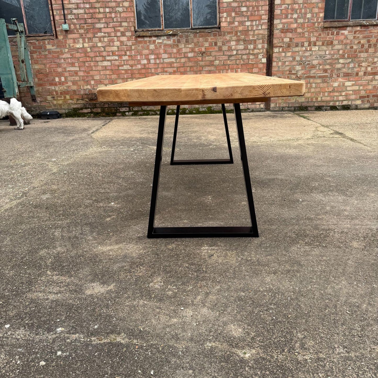 Reclaimed Pine Farmhouse Table Modern Trapezium Metal Industrial Legs Seats 6/8
