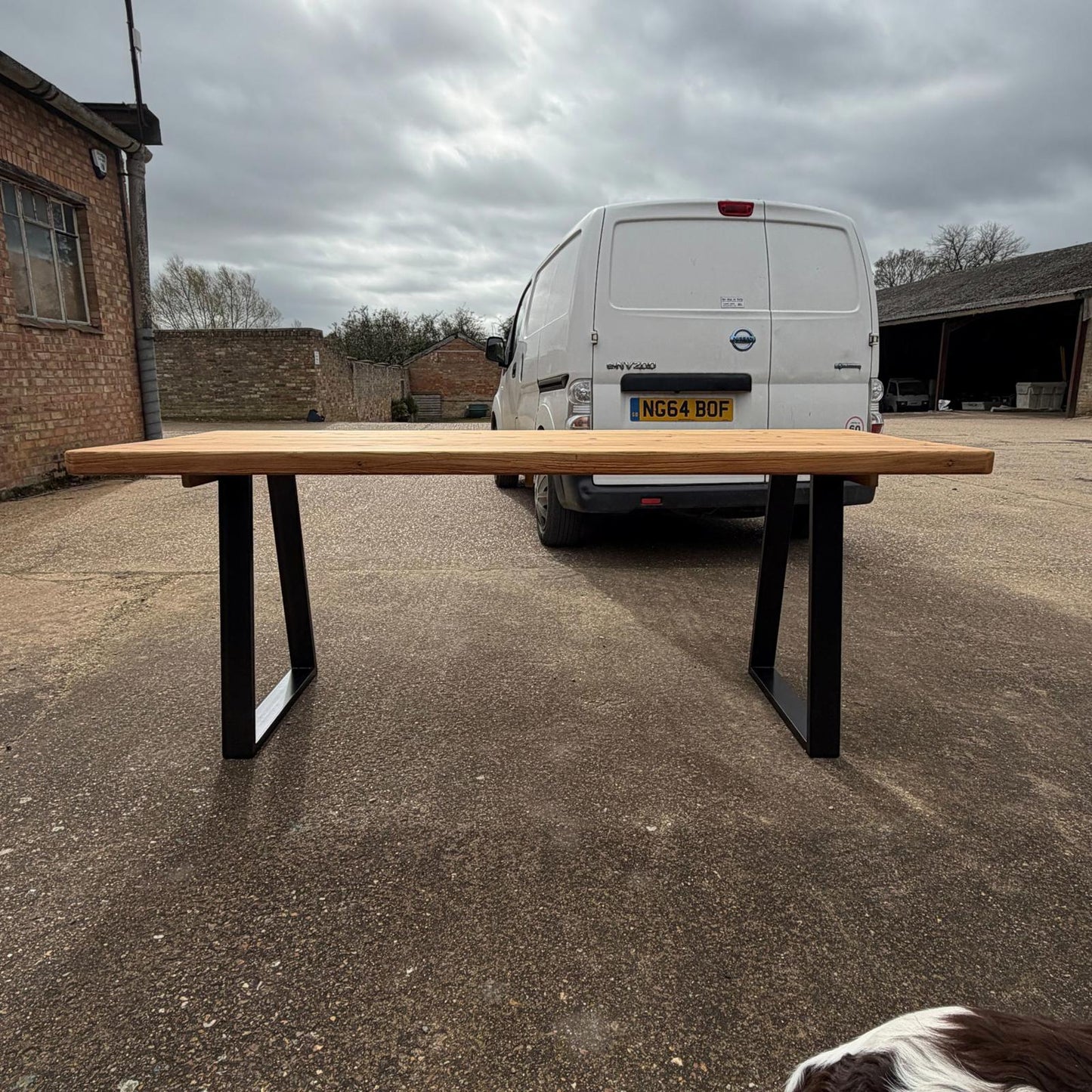 Reclaimed Pine Farmhouse Table Modern Trapezium Metal Industrial Legs Seats 6/8