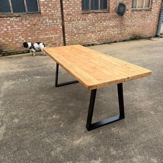 Reclaimed Pine Farmhouse Table Modern Trapezium Metal Industrial Legs Seats 6/8