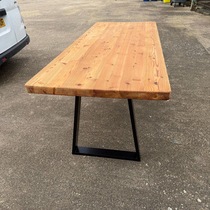 Reclaimed Pine Farmhouse Table Modern Trapezium Metal Industrial Legs Seats 6/8
