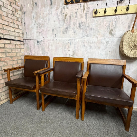 Set 3 Ferd. Lundquist 1970’s Mid Century Swedish Oak and Faux Leather Armchairs