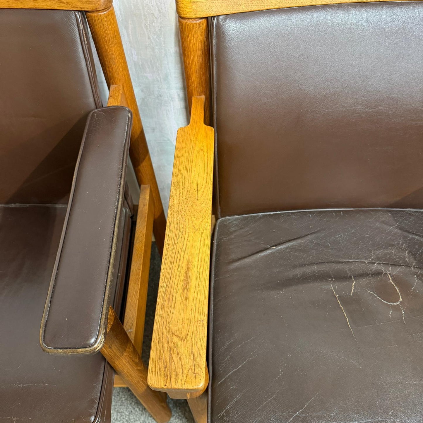 Set 3 Ferd. Lundquist 1970’s Mid Century Swedish Oak and Faux Leather Armchairs