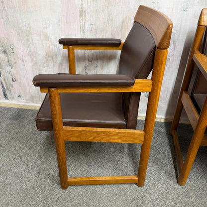 Set 3 Ferd. Lundquist 1970’s Mid Century Swedish Oak and Faux Leather Armchairs
