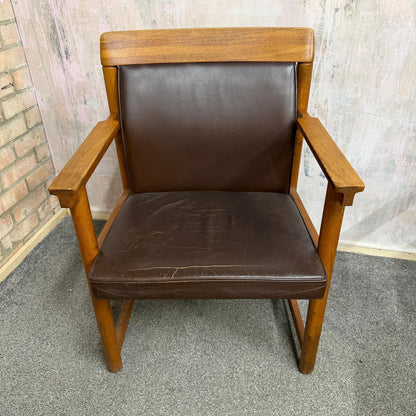Set 3 Ferd. Lundquist 1970’s Mid Century Swedish Oak and Faux Leather Armchairs
