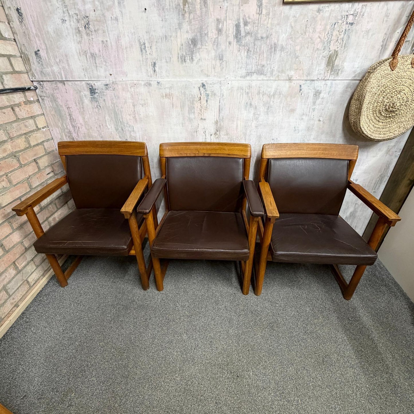 Set 3 Ferd. Lundquist 1970’s Mid Century Swedish Oak and Faux Leather Armchairs