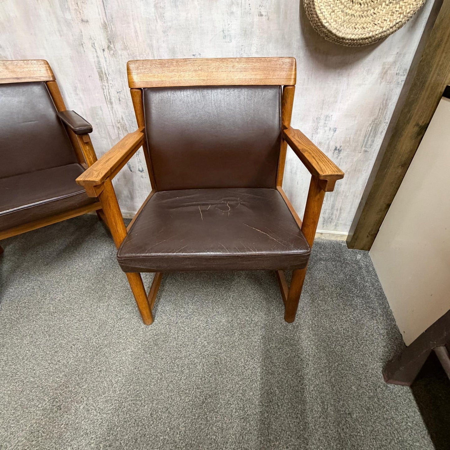 Set 3 Ferd. Lundquist 1970’s Mid Century Swedish Oak and Faux Leather Armchairs