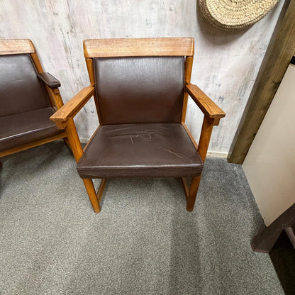 Set 3 Ferd. Lundquist 1970’s Mid Century Swedish Oak and Faux Leather Armchairs
