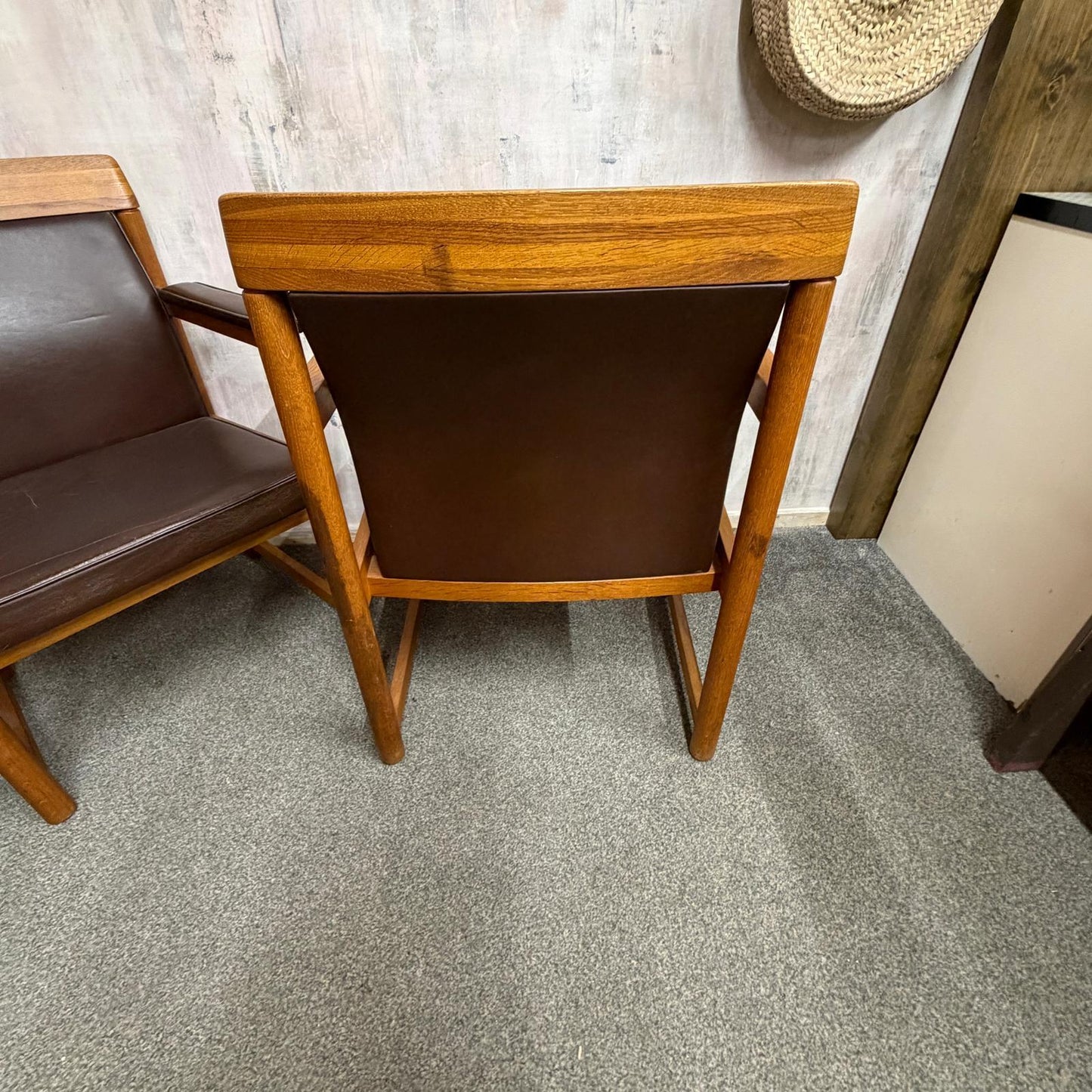 Set 3 Ferd. Lundquist 1970’s Mid Century Swedish Oak and Faux Leather Armchairs