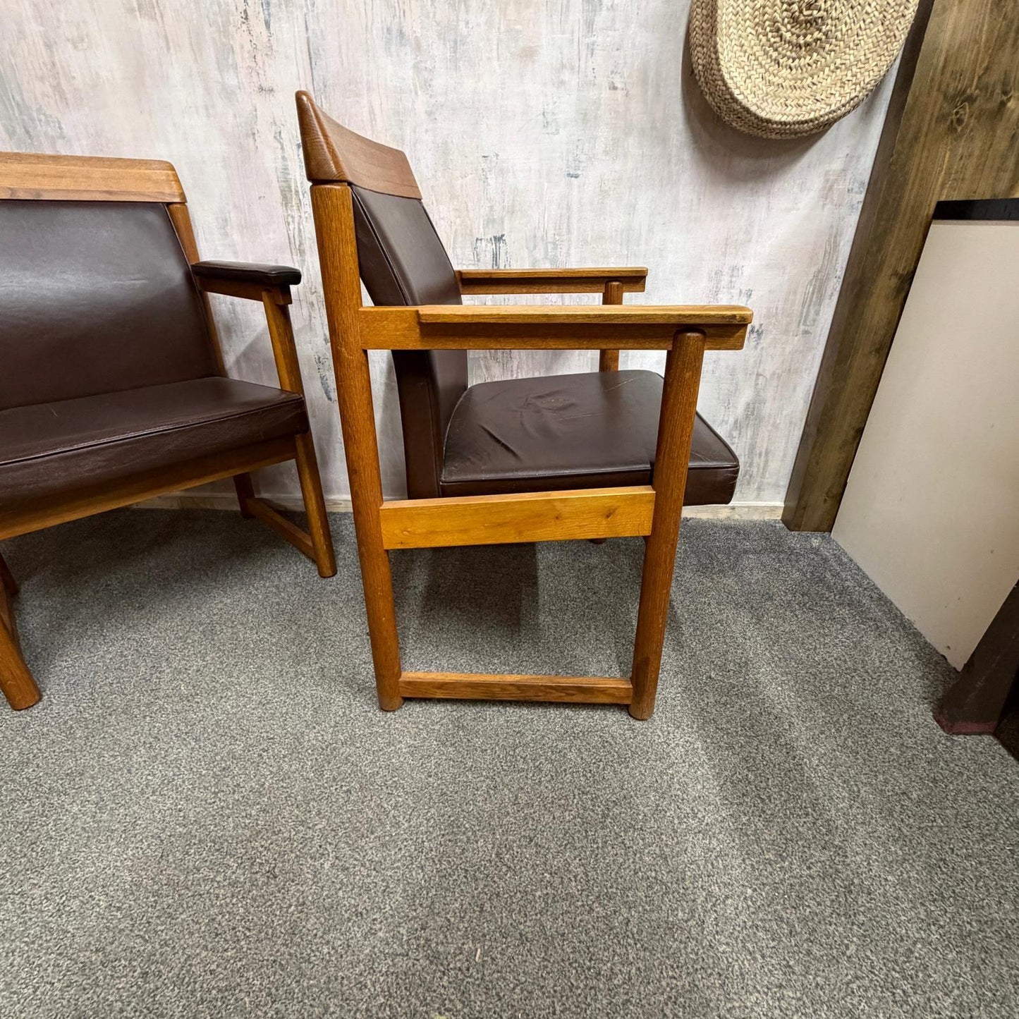 Set 3 Ferd. Lundquist 1970’s Mid Century Swedish Oak and Faux Leather Armchairs
