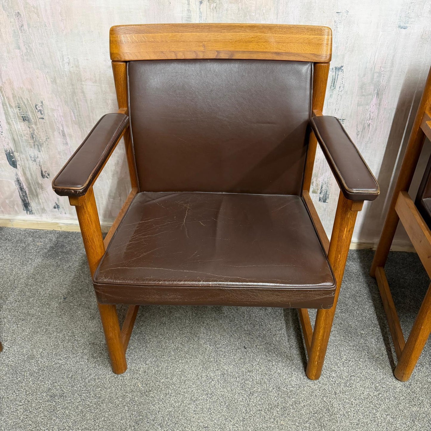 Set 3 Ferd. Lundquist 1970’s Mid Century Swedish Oak and Faux Leather Armchairs
