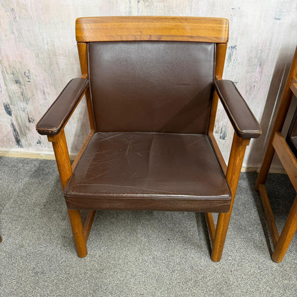 Set 3 Ferd. Lundquist 1970’s Mid Century Swedish Oak and Faux Leather Armchairs