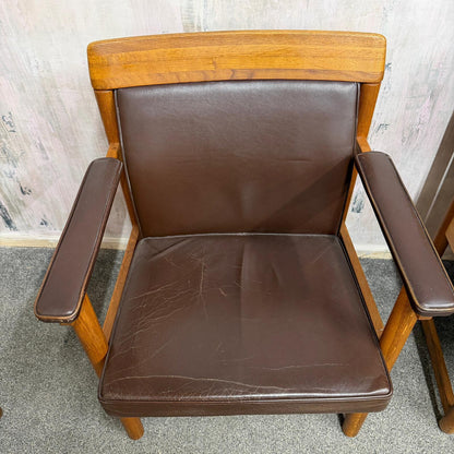 Set 3 Ferd. Lundquist 1970’s Mid Century Swedish Oak and Faux Leather Armchairs
