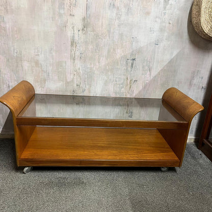G Plan Tulip Coffee Table Mid Century Retro Teak Base Glazed Shelf Castors